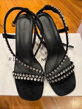 Rebecca Minkoff Black Crystal-Strap Open-Toe Heels size 7.5